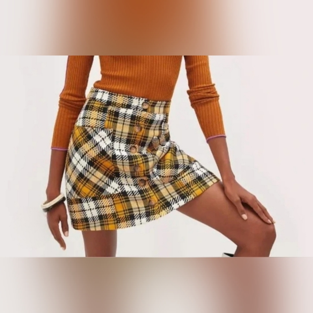 MAEVE Anthropologie Plaid Button Skirt Black Golden Yellow 6 - Picture 13 of 13